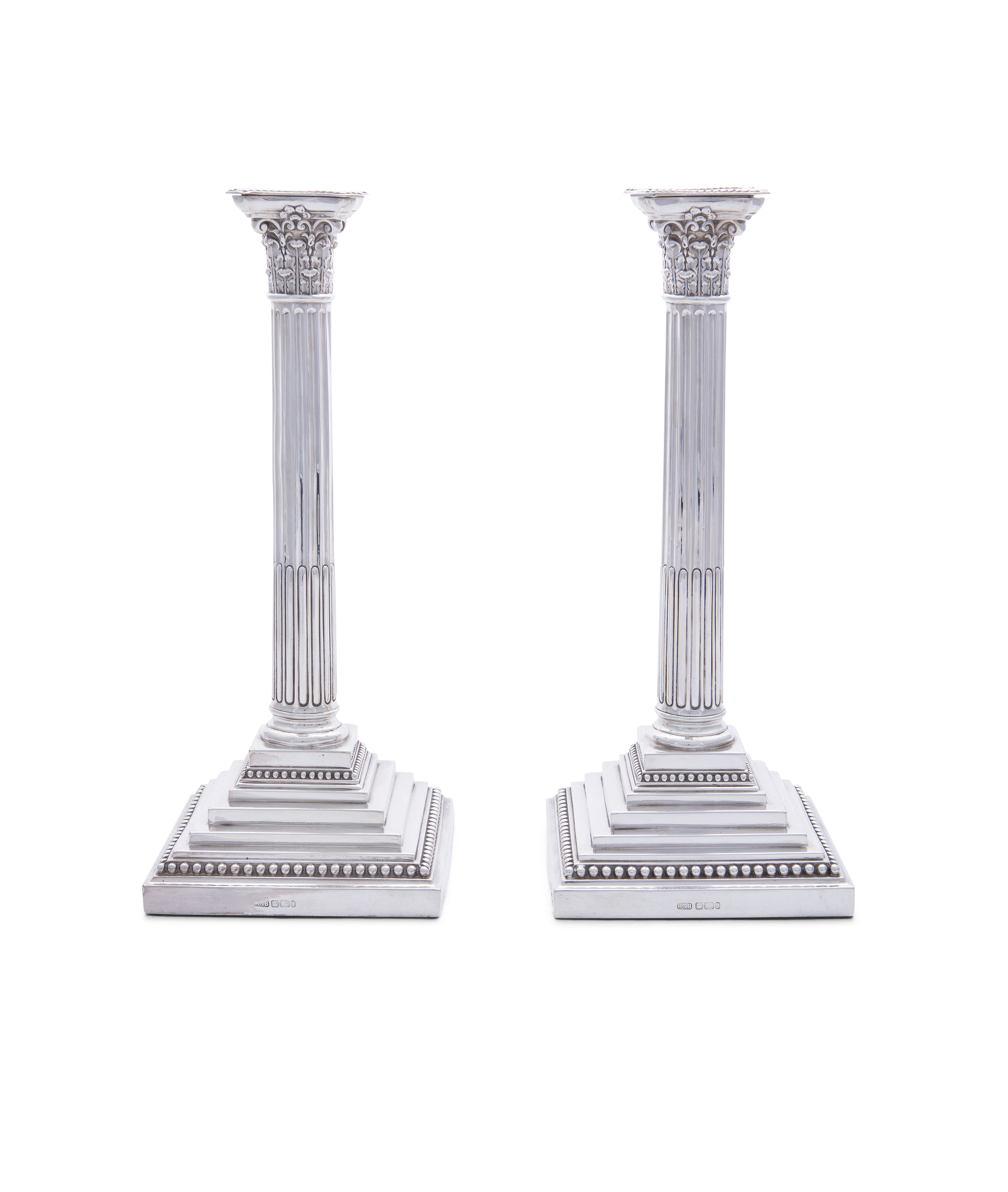 A PAIR OF SILVER CANDLESTICKS IN THE FORM OF CORINTHIAN COLUMNS, Sheffield c.1911, mark of - Image 2 of 3