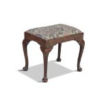 AN IRISH RED WALNUT UPHOLSTERED STOOL, with rectangular drop in seat, covered in floral tapestry