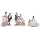 THREE DRESDEN PORCELAIN FIGURAL GROUPS, the first comprising a standing couple, the second of a