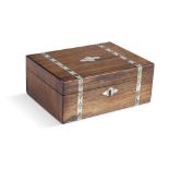 A ROSEWOOD AND MOTHER OF PEARL SEWING BOX. Length 23 cm, width 30 cm, height 13 cm. Length 23 cm,