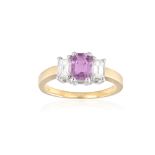 A COLOURED SAPPHIRE AND DIAMOND RING, the rectangular cut-cornered step-cut pink sapphire between