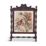 A LARGE 19TH CENTURY ARTS & CRAFTS MAHOGANY FRAMED FIRE SCREEN, the cornice decorated with