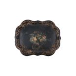 A VICTORIAN PAPIER MACHE SHAPED RECTANGULAR TRAY, the black lacquer decorated with gilded foliate