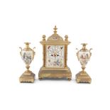 A FRENCH ORMOLU AND PORCELAIN MOUNTED THREE PIECE CLOCK GARNITURE, 19th century, stamped 'A.G.