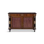 A COMPOSED GEORGE IV INLAID MAHOGANY RECTANGULAR SIDE CABINET, the top with brass stringing and