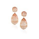 A PAIR OF SHELL CAMEO PENDENT EARRINGS, each shell cameo plaque depicting women dancing, mounted