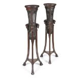 A PAIR OF 19TH CENTURY MAHOGANY AND CASEWORK TORCHERE STANDS, of waisted cylindrical form, the