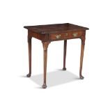 A GEORGE I RED WALNUT TABLE, the solid panel top with moulded edge over a single frieze drawer