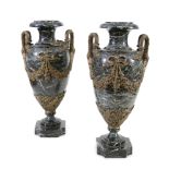 A PAIR OF FRENCH 'VERDE CENTICO' AND ORMOLU MOUNTED URNS, each of classical design with everted rims