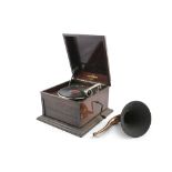 A LATE 19TH CENTURY/ EARLY 20TH CENTURY GRAMOPHONE, with crank handle and brass horn.