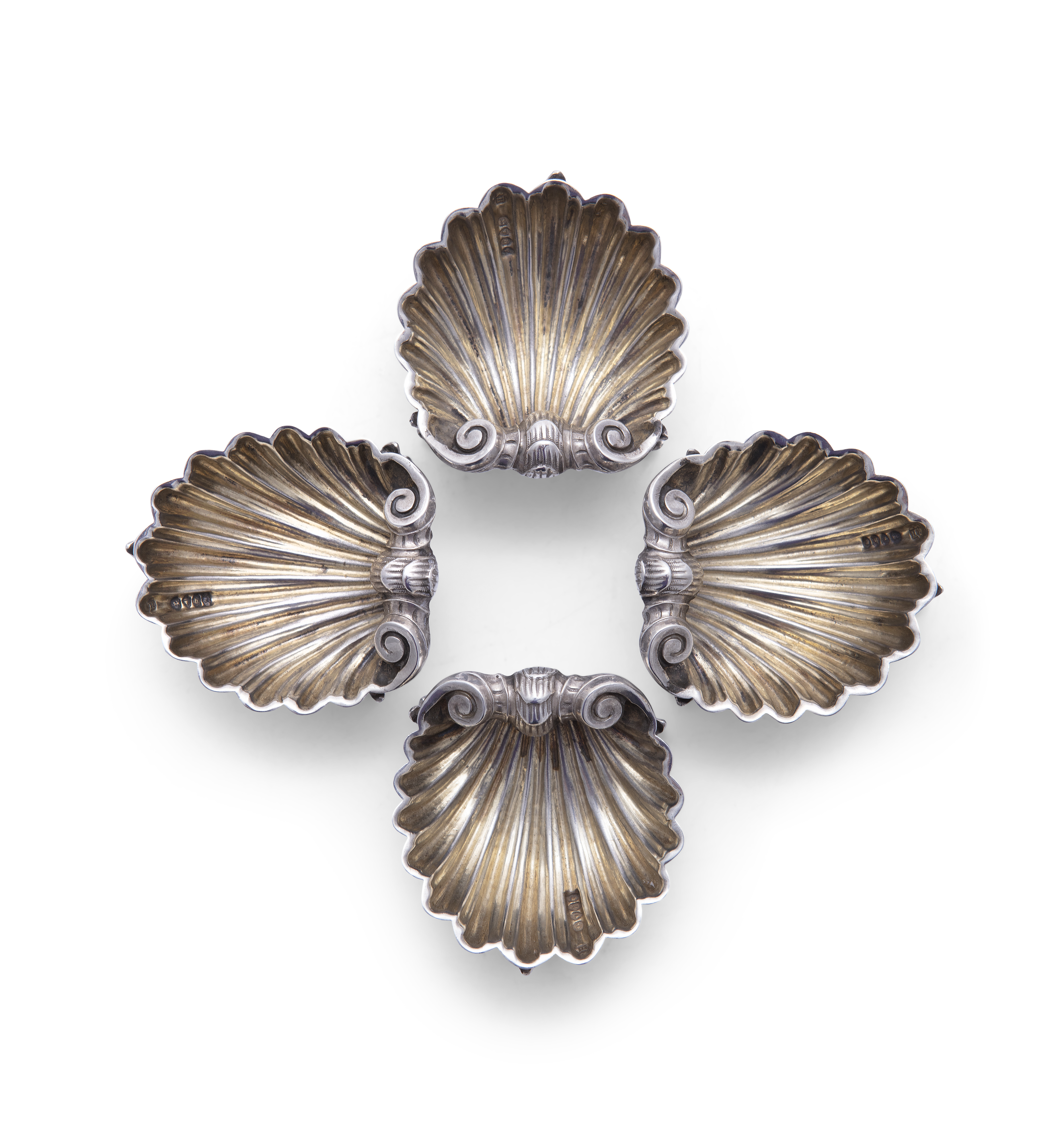 A SET OF FOUR VICTORIAN SILVER OPEN SALT CELLARS IN THE FORM OF SCALLOP SHELLS, London c.1863, - Image 4 of 4