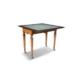 AN EDWARDIAN INLAID SATINWOOD FOLD TOP CARD TABLE, of rectangular form, opening to reveal a baize