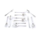 A COMPOSED SET OF SIX 19TH CENTURY SILVER TAPER HANDLE DESSERT SPOONS AND SIX SIMILAR FORKS,