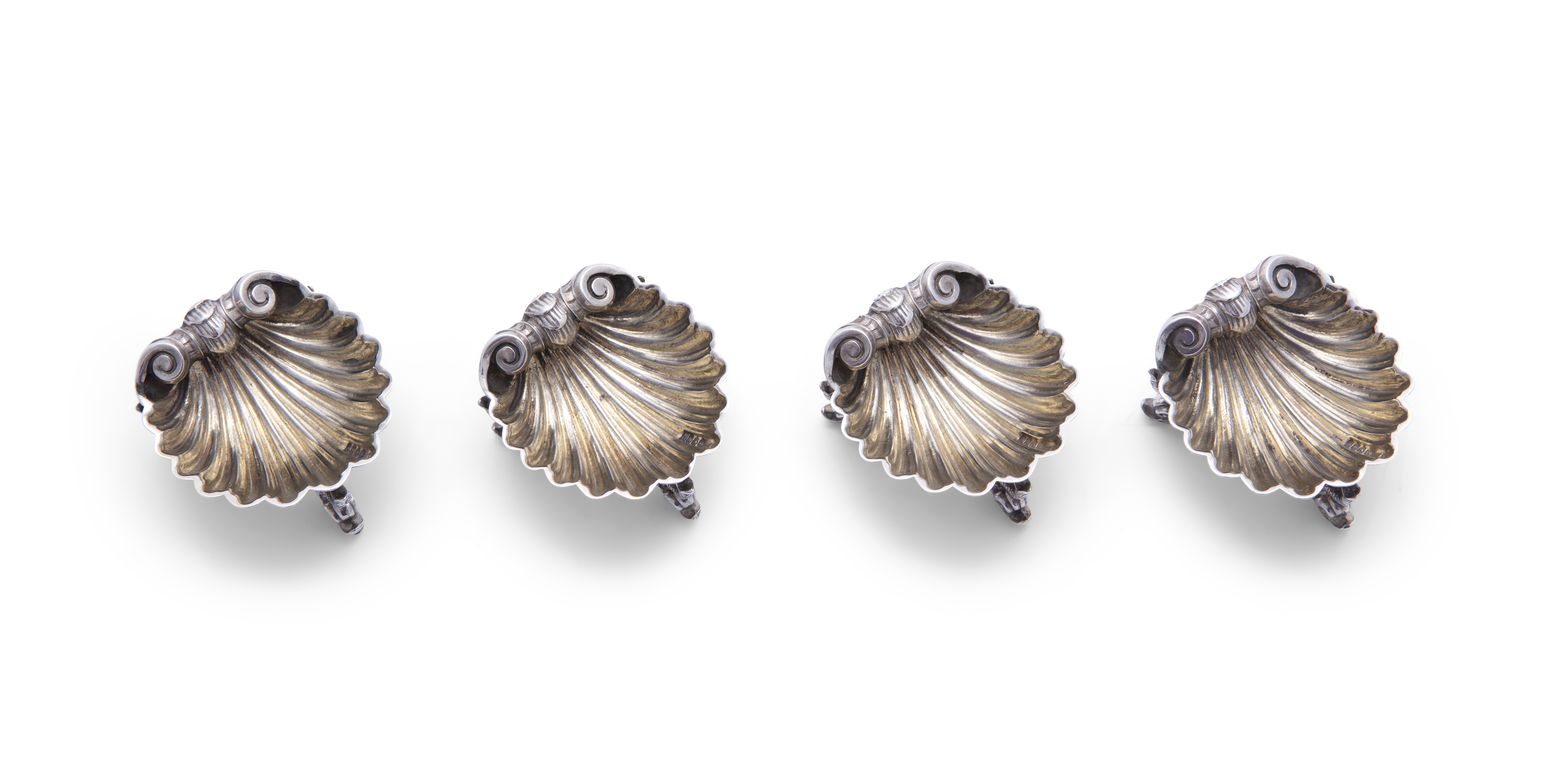 A SET OF FOUR VICTORIAN SILVER OPEN SALT CELLARS IN THE FORM OF SCALLOP SHELLS, London c.1863, - Image 3 of 4