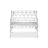 A WHITE PAINTED CAST IRON GARDEN SEAT, 19th century in the Gothic taste, pierced with quatrefoils