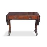 A CONTINENTAL MAHOGANY SOFA TABLE, 19th century, of rectangular form with rounded drop-leaf sides,