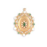 A NINETEENTH CENTURY PEARL AND GREEN STONE PENDANT LOCKET, of oval form with reeded suspension