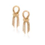 A PAIR OF 18K GOLD FRINGE PENDENT EARRINGS, each designed as a ribbon tied motif with three flexible
