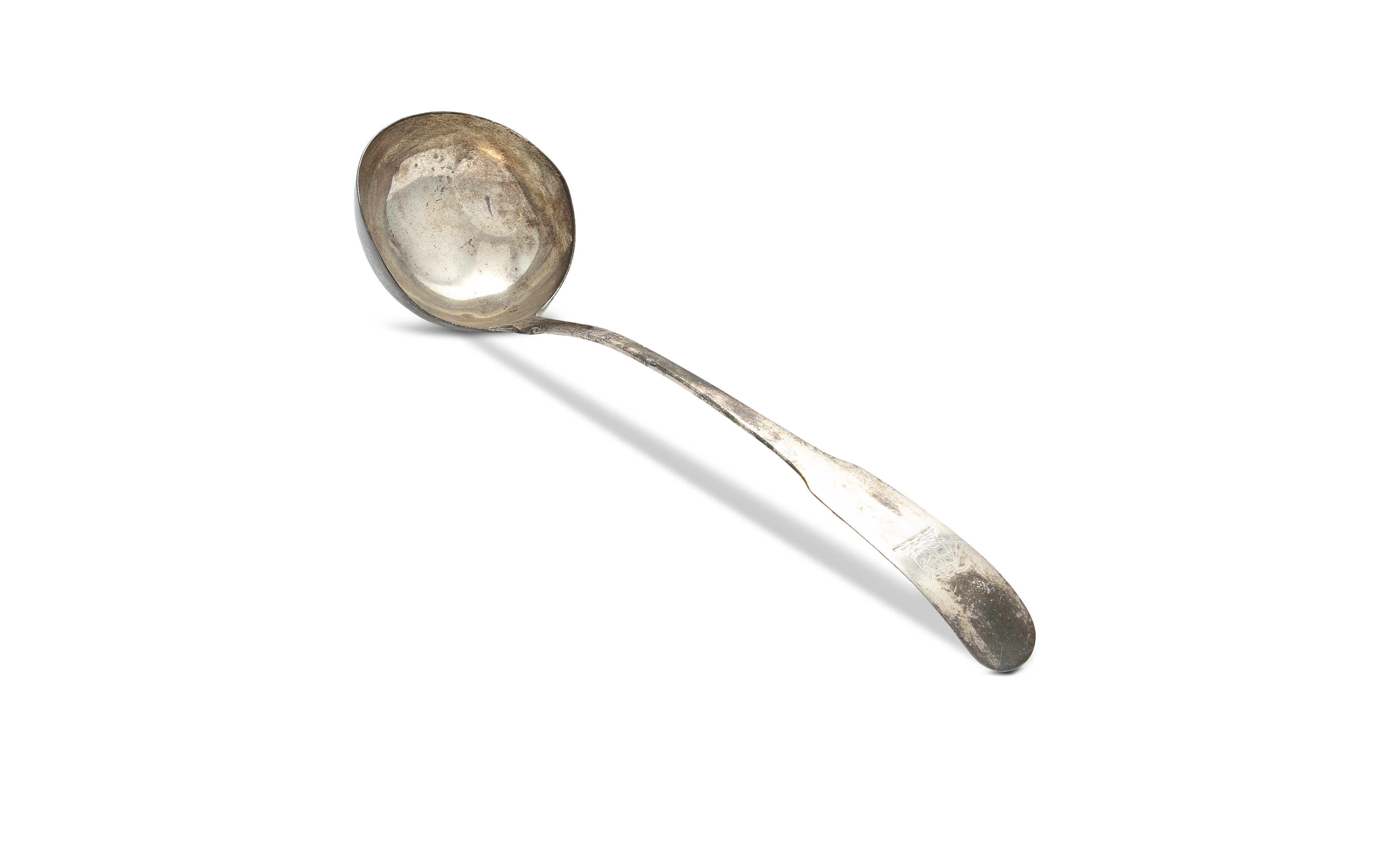 A GEORGE III IRISH SILVER SOUP LADLE, Dublin 1804, mark of William Law and 'JK' in script, with long