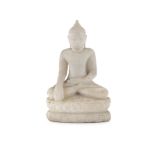 A THAI ALABASTER MODEL OF A BUDDHA, in seated position, on folded legs and inverted lotus throne. 34