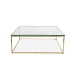 AN ITALIAN GLASS TOP AND BRASS FRAMED COFFEE TABLE, of squared shape. 110 x 110 cm