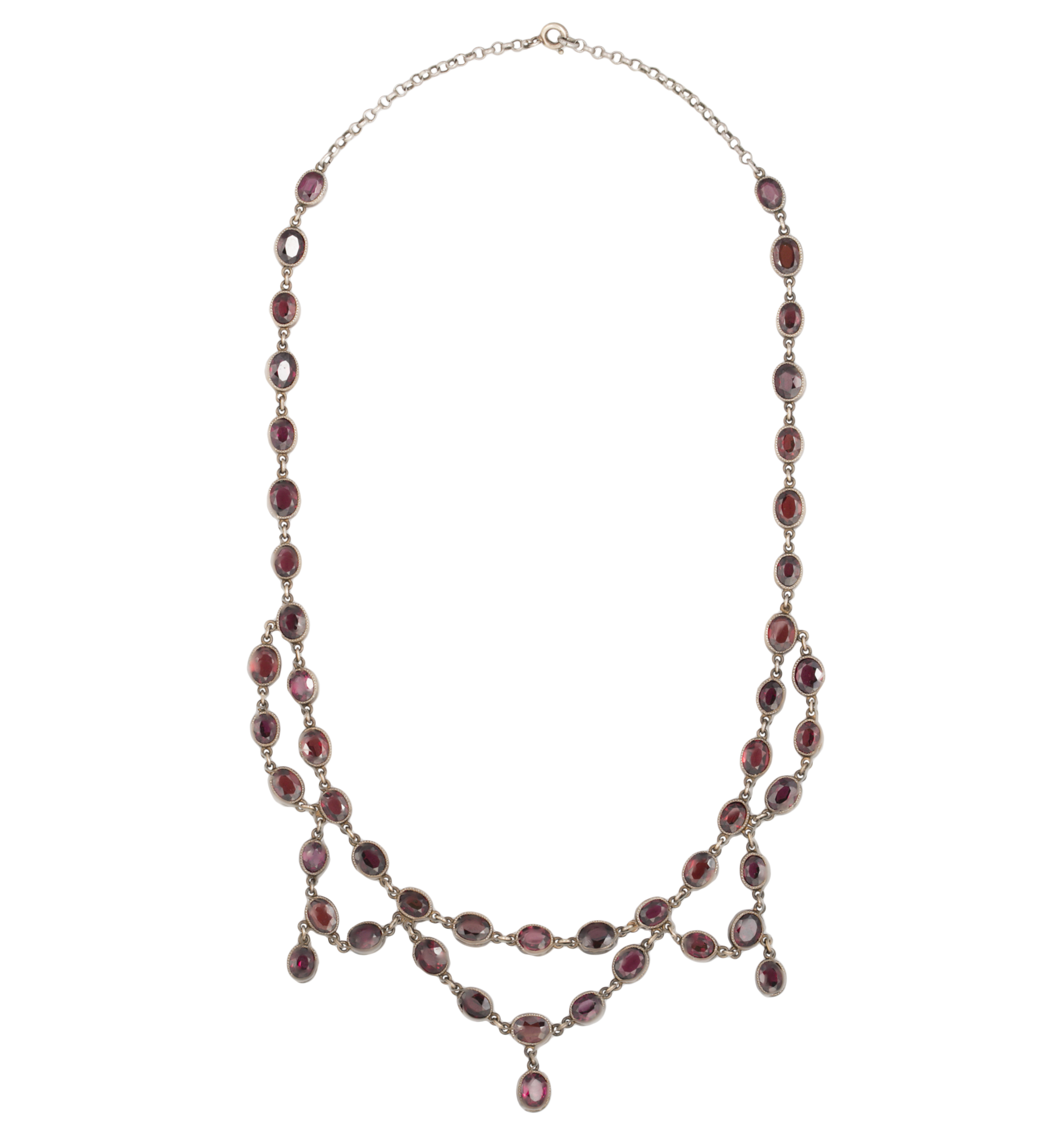 A SILVER AND GARNET NECKLACE, composed of oval-shaped garnets within collet and millegrain - Image 2 of 2