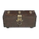 AN OAK AND BRASS BOUND STRONG CHEST, of rectangular shape with tracery strap-work. 37 x 82 x 35 cm