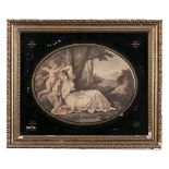 A PAIR OF STIPPLE ENGRAVINGS depicting Venus and Cupid in verre eglomise frames, oval 23 x 18cm