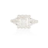 A DIAMOND CLUSTER RING, the square plaque set throughout with round brilliant and single-cut
