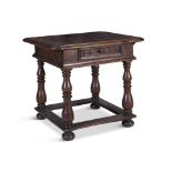 A CONTINENTAL OAK AND PARQUETRY SIDE TABLE, 17th century, of square shape, with single frieze