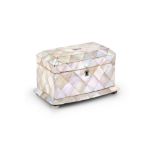A 19TH CENTURY MOTHER OF PEARL BOMBAY TEA CADDY, with hinged cover enclosing a divided interior with