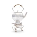 A SILVER WATER KETTLE ON STAND WITH BURNER, London 1882-83, mark of William Hutton & Sons, the