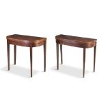 A PAIR OF EARLY 19TH CENTURY INLAID MAHOGANY SHAPED RECTANGULAR FOLDING TOP TEA TABLES, with boxwood