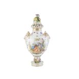 A FINE DRESDEN 'CARL THIEME' PORCELAIN VASE, of circular baluster form, the pierced lid with rose