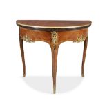 A FRENCH KINGWOOD AND ORMOLU MOUNTED DEMI-LUNE GAMES TABLE, 19TH CENTURY, the cross banded fold-over