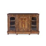 A VICTORIAN WALNUT, SATINWOOD AND MARQUETRY INLAID CREDENZA, with outset canted corners flanking two