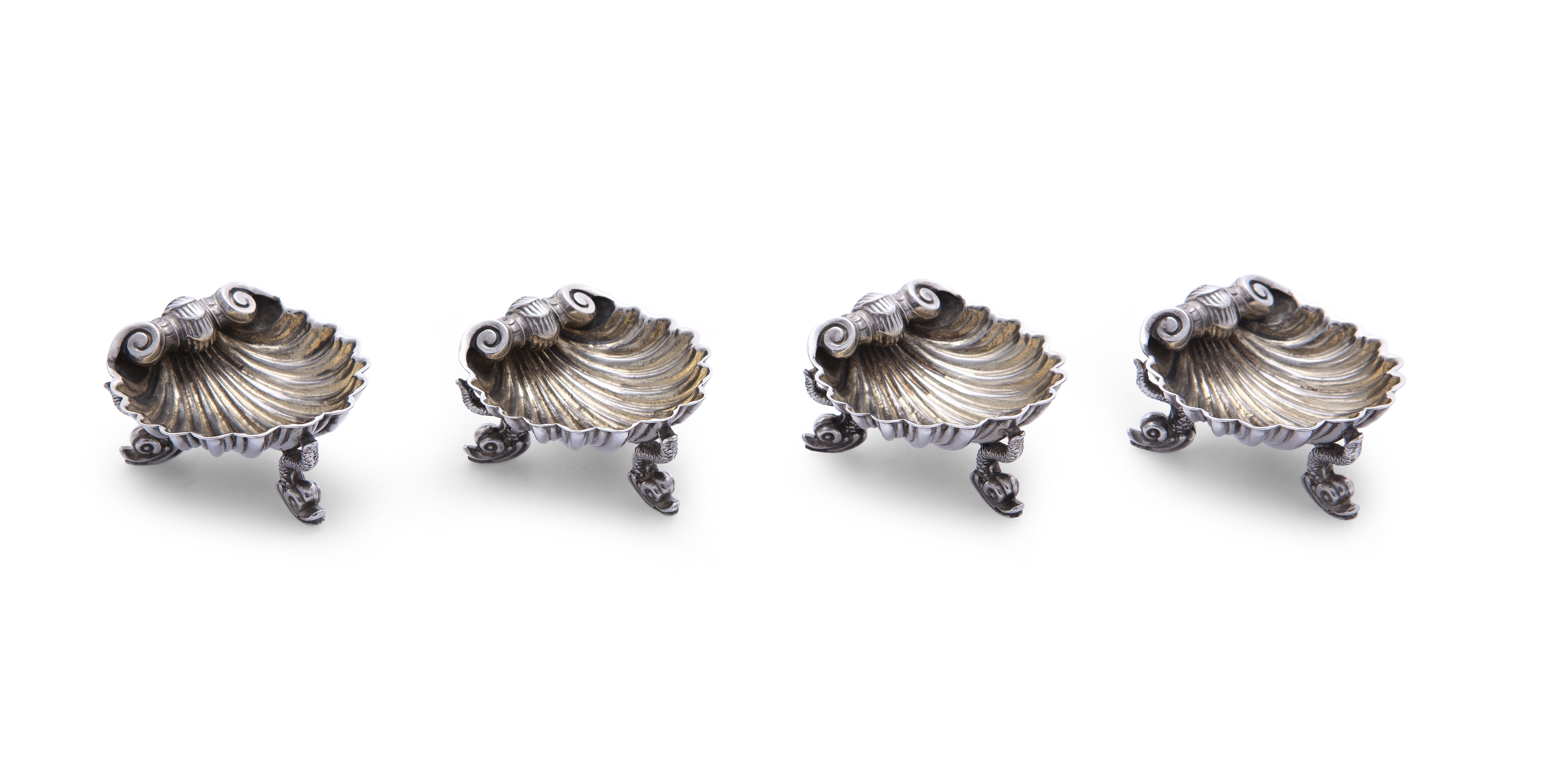 A SET OF FOUR VICTORIAN SILVER OPEN SALT CELLARS IN THE FORM OF SCALLOP SHELLS, London c.1863, - Image 2 of 4
