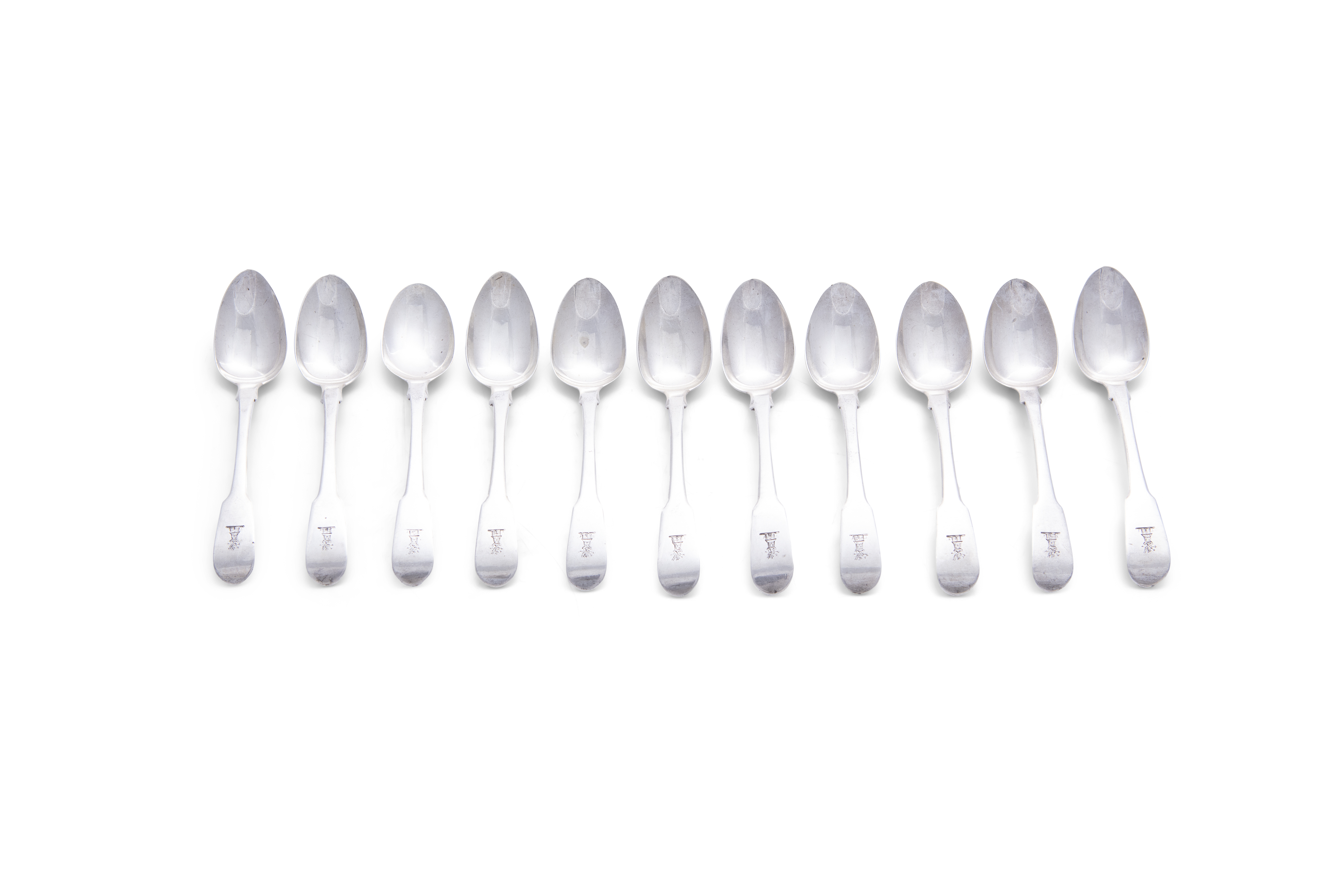 A SET OF ELEVEN GEORGE III SILVER FIDDLE PATTERN TEASPOONS, London c.1815, mark of Thomas Purver &