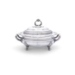 A LARGE 19TH CENTURY OLD SHEFFILED PLATED TUREEN AND COVER, of bombay form, the cover surmounted