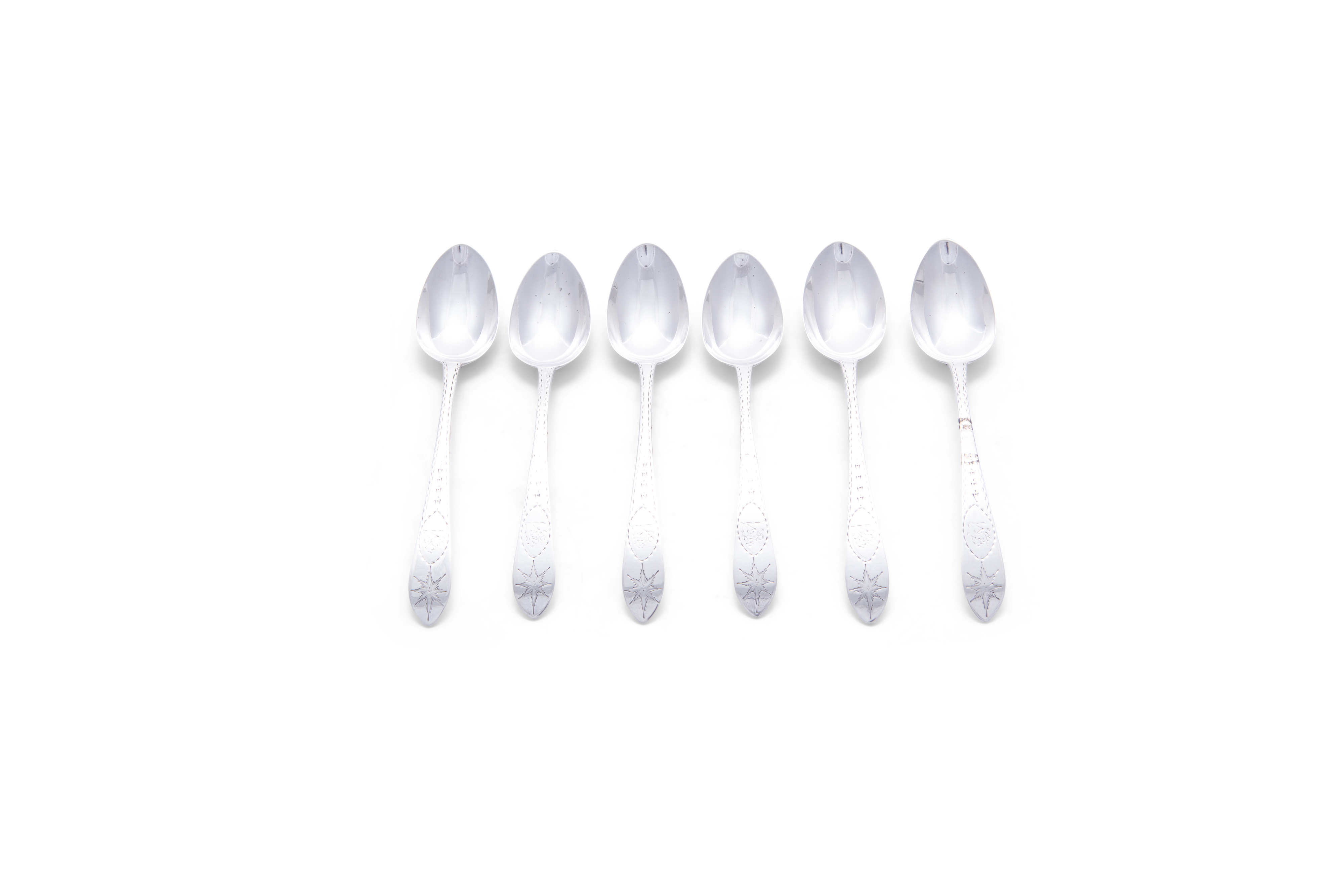 A SET OF SIX GEORGE III IRISH SILVER POINTED HANDLE BRIGHT CUT DESSERT SPOONS, Dublin c.1791, mark