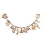 A GOLD CHARM BRACELET, suspending twelve gold charm mounted in either 9K or 14K gold, length 17.5cm;