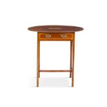 A SHERATON STYLE INLAID MAHOGANY OVAL TOPPED OCCASIONAL TABLE, with central pattera and stringing,