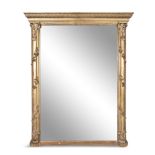 A LARGE 19TH CENTURY GILTWOOD PIER MIRROR, of rectangular form, with moulded cornice and leaf