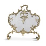 A FRENCH 19TH CENTURY BRASS FIRE SCREEN, of cartouche form, with naturalistically cast handle, the