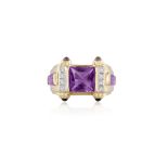 AN AMETHYST AND DIAMOND DRESS RING, mounted in 18K gold, French import marks, ring size L½