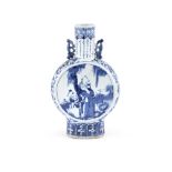 A CHINESE BLUE AND WHITE MOONFLASK, 19th century, of flattened circular form, with cylindrical