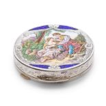 A CONTINENTAL SILVER AND ENAMEL COMPACT CIRCULAR BOX, 800 standard, 19th century, decorated with