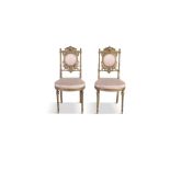 A PAIR OF FRENCH SILK UPHOLSTERED SALON CHAIRS C.19TH CENTURY, each rectangular back with