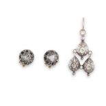 AN EARLY 19TH CENTURY DIAMOND AND COLOURLESS STONES SUITE, composed of a pendant on chain, a pair of