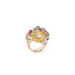 A GEMSET AND ENAMEL COCKTAIL RING, formed as a group of colourful flowers with various insects and